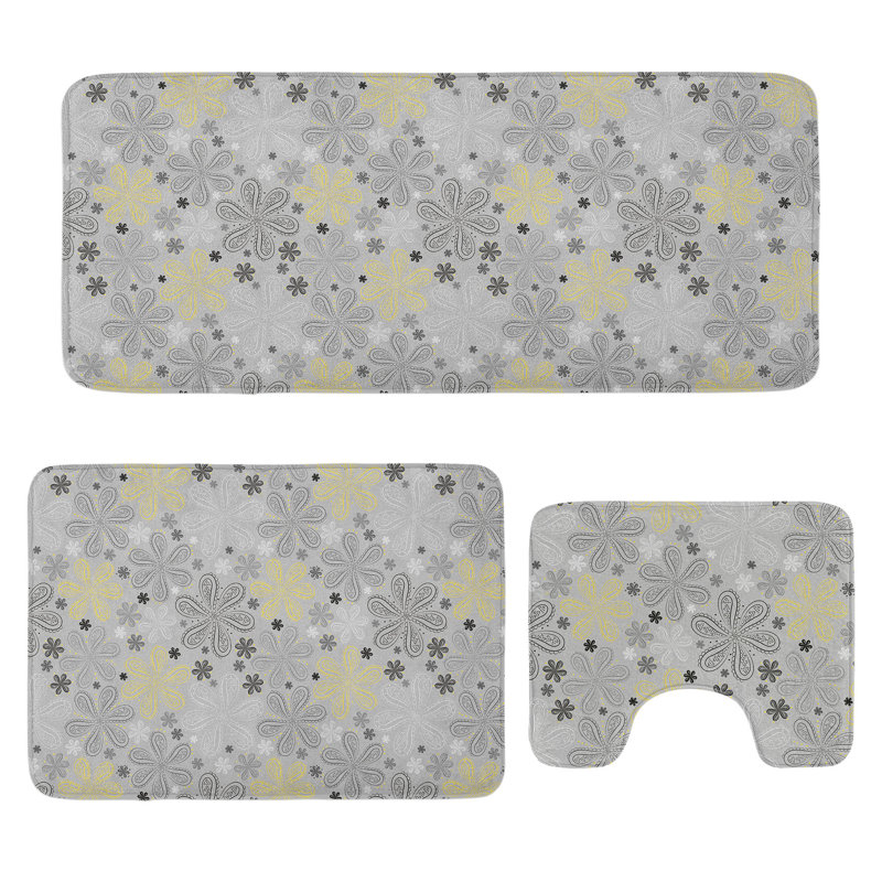  Ensemble de tapis de salle de bain gris 3 pièces en U et tapis rectangulaires gris pâle / blanc