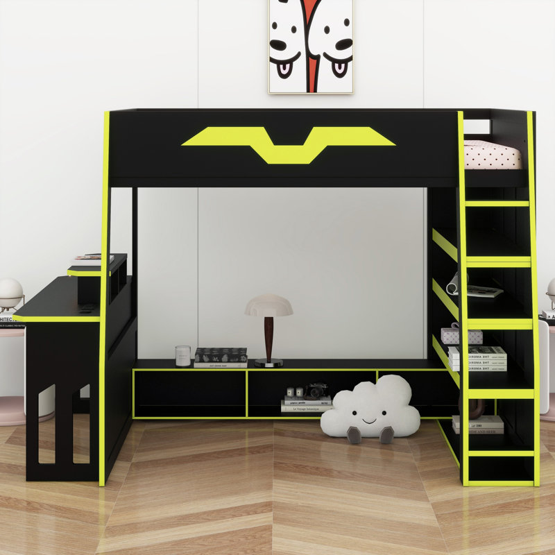 Lit mezzanine avec bureau et tablettes de rangement multiples, structure en bois massif avec lumière RVB, Vert