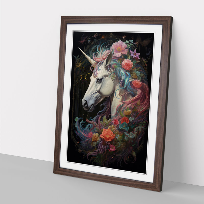 Unicorn Baroque - Single Picture Frame Print on Wood, 64cm H x 46cm W, Walnut Framed