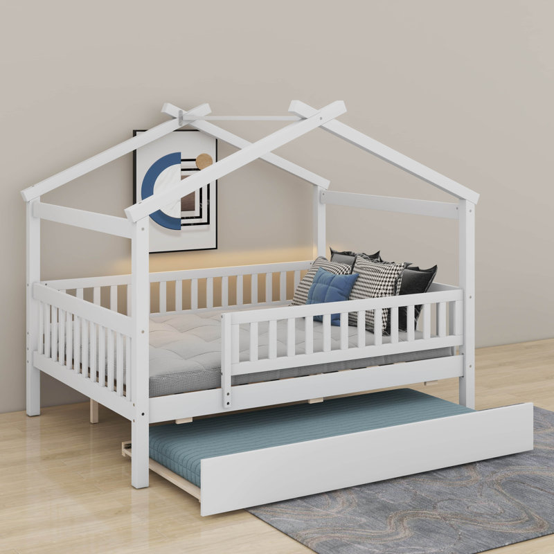 Lit en bois avec couchette, Lit double, Blanc