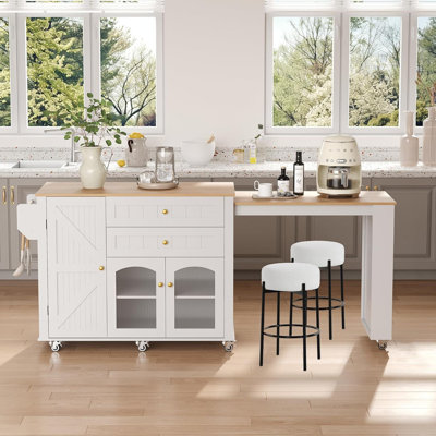 Îlot de cuisine 78,3 po avec 2 tabourets - table extensible, armoire, tiroirs, tablettes, chariot mobile blanc