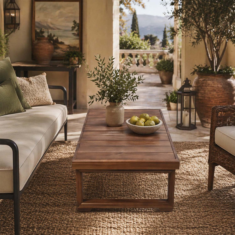Table basse rustique en bois avec lattes et pieds de traîneau pour les rassemblements extérieurs, Moka