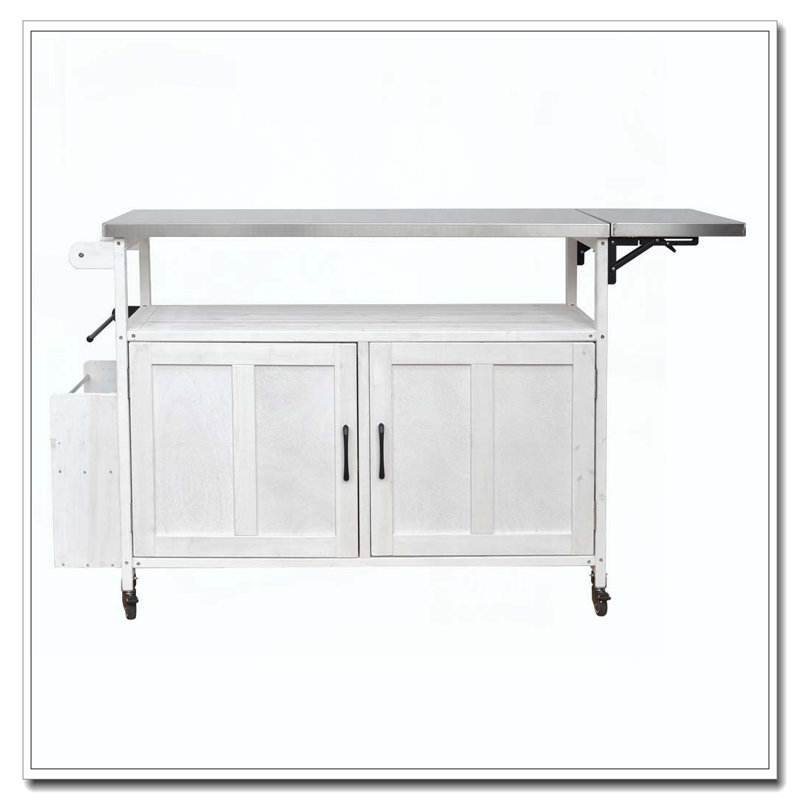 Îlot de cuisine pliable pour l'extérieur avec chariot verrouillable, Blanc