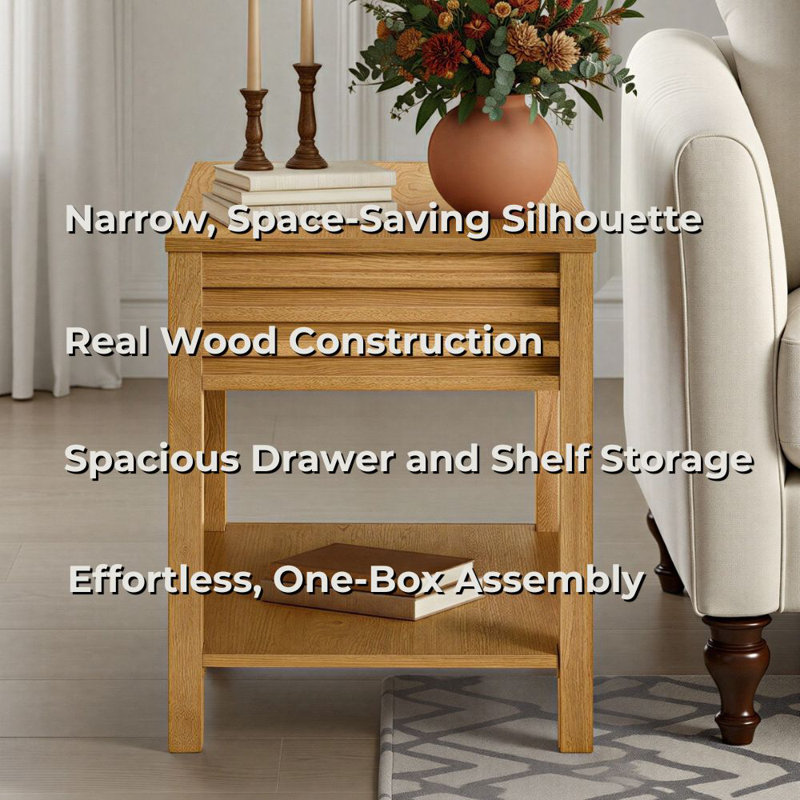 Charnay 20” Square Wood End Table With Drawer And Shelf, Light Oak
