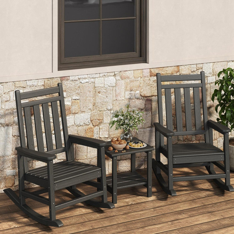 Set of 2 HDPE Outdoor Rocking Adirondack Chairs with Side Table, Poly High Back, 350 lbs Capacity All-Weather Patio Furniture for Front Porch, Garden