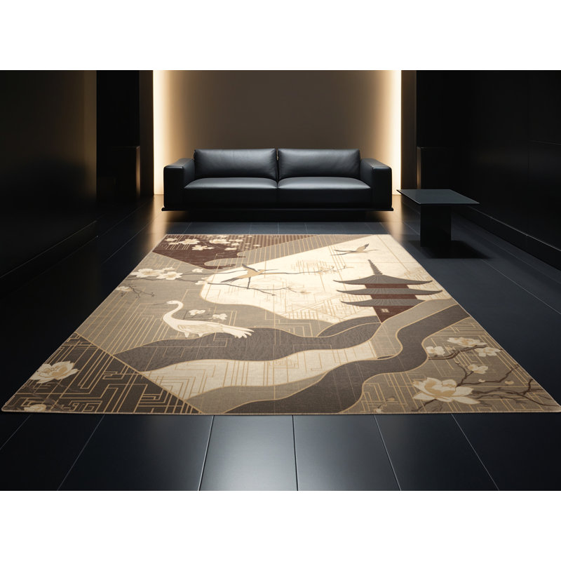 Machine Washable Pavla Global Inspired Oriental Rug in Brown – Beige Binding, 4' Round