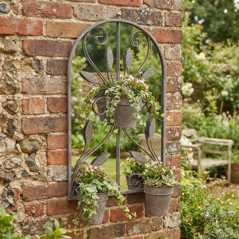 Vivienne Metal Framed Wall Accent Mirror with Planters Rustic Indoor Outdoor Garden Decor Grey Finish