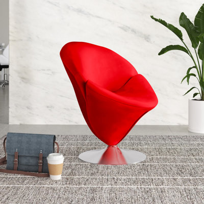 Tulip Modern Velvet Upholstered Metal Swivel Barrel Chair in Red
