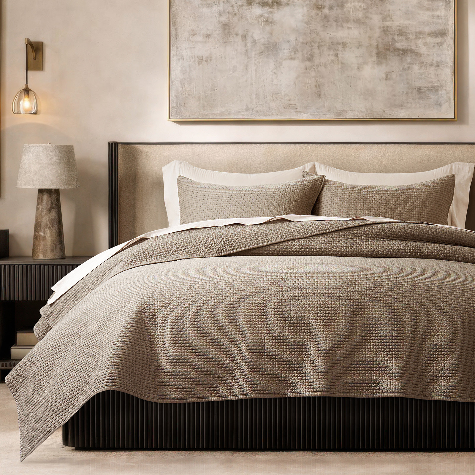 Cotton Sateen Quilt Set, King Quilt + 2 King Shams, Stone Taupe