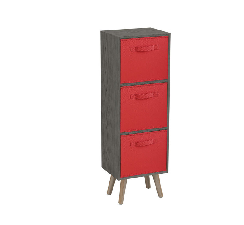 Cedar 3-Tier 3-Drawer Cube Shelving Unit with Scandinavian Legs, Red/Beech