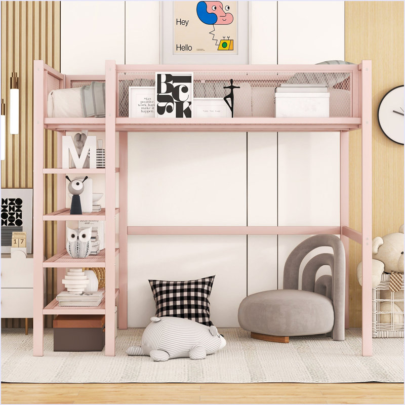 Lit mezzanine en métal avec tablettes à 4 niveaux et rangement, Rose