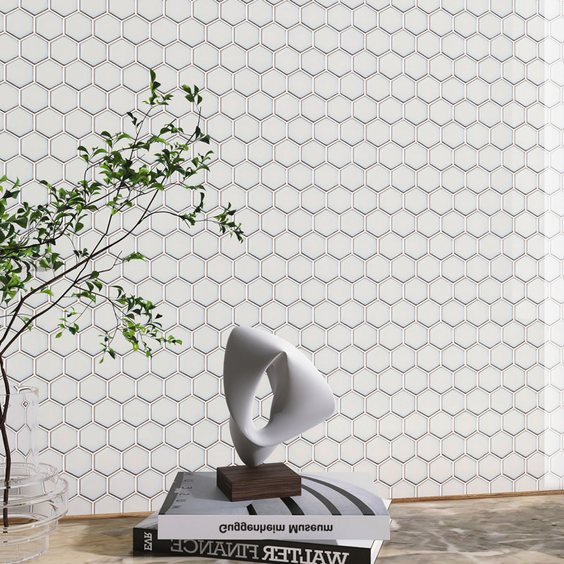 Porcetile Hex 10.24 in. x 11.82 in. Hexagon Glossy Porcelain Mosaic Wall and Floor Tile, White