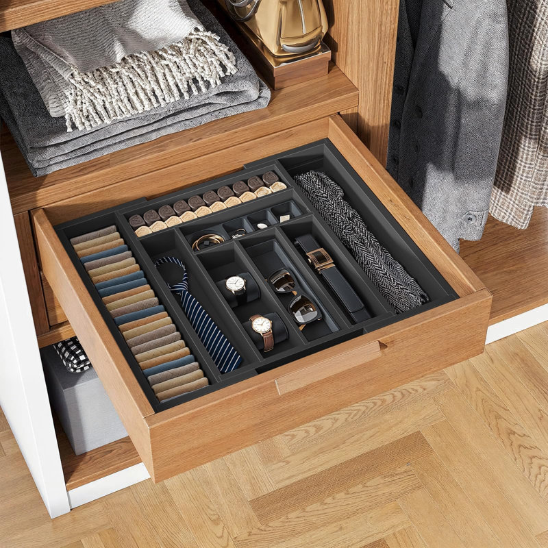 Organisateur de tiroir extensible en bambou pour porte-ustensiles, plateau à couverts réglable, organisateur de séparateurs de tiroir en bois pour l'argenterie, couverts, couteaux dans la cuisine, la chambre à coucher, le salon (noir)