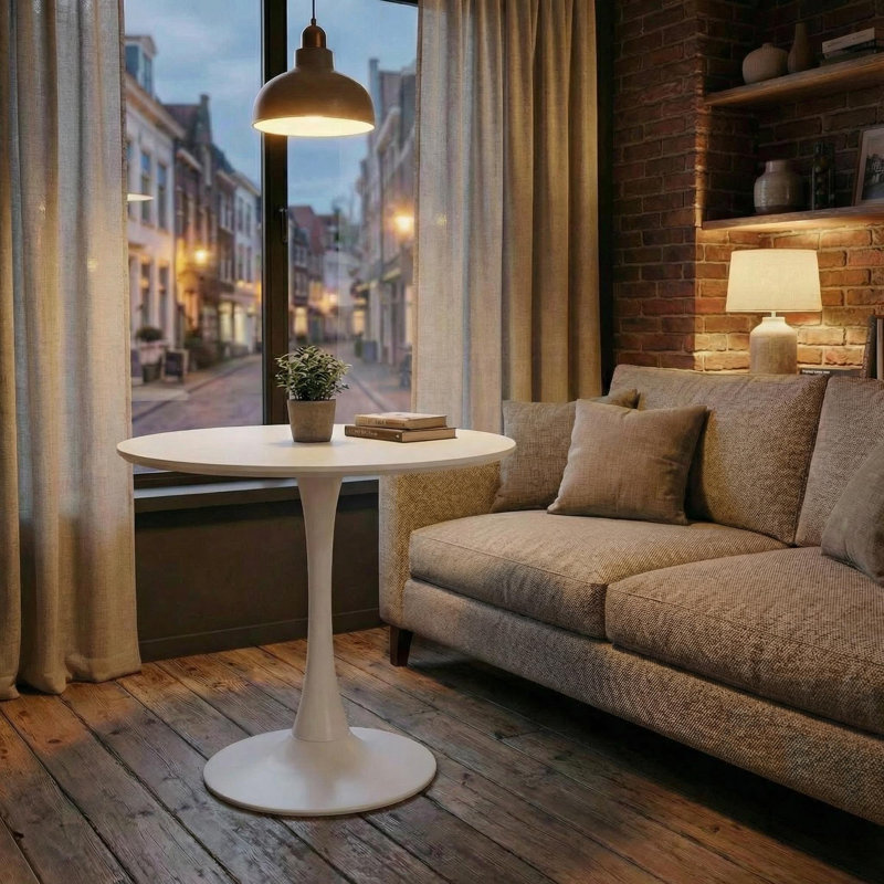 Table de salle à manger ronde 31,5 "blanche moderne avec plateau en MDF et base cylindrique en métal, multi-usage pour la cuisine / le salon / la table basse