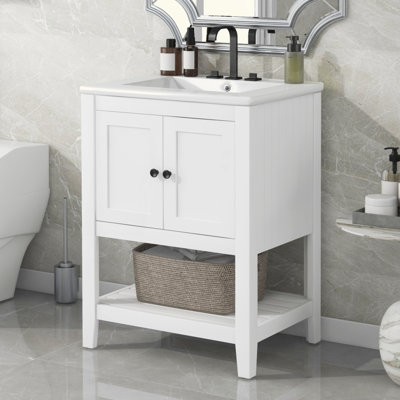 24" White Modern Sleek Bathroom Vanity Elegant Ceramic Sink With Solid Wood Frame Open Style Shelf