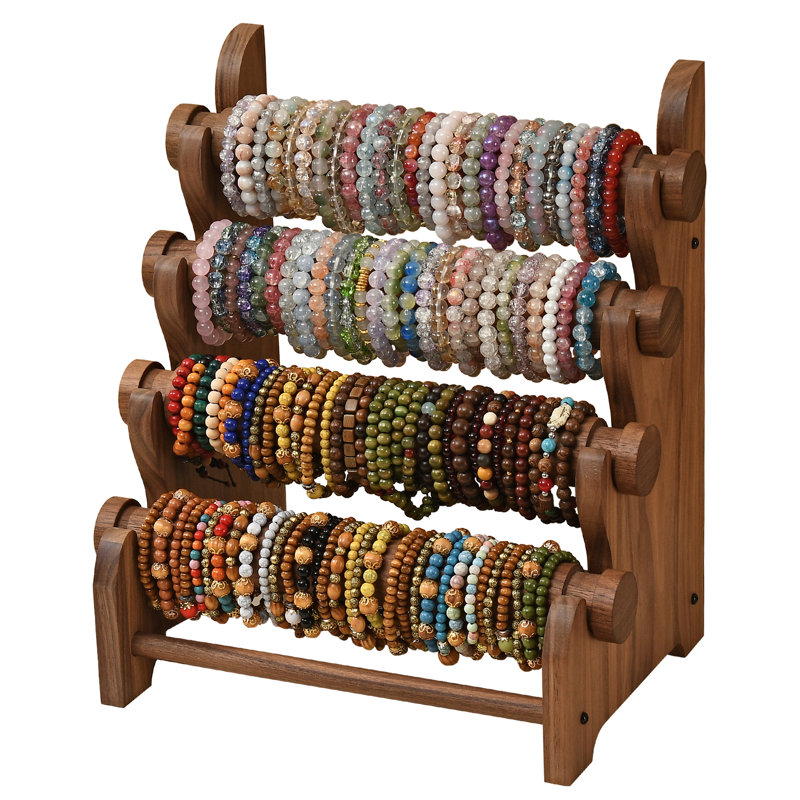 Black Walnut Wooden Bracelet Holder, 4 Tier Natural Solid Wood Jewelry Stand for Watch Bangle Necklace Scrunchie, Display Showcase