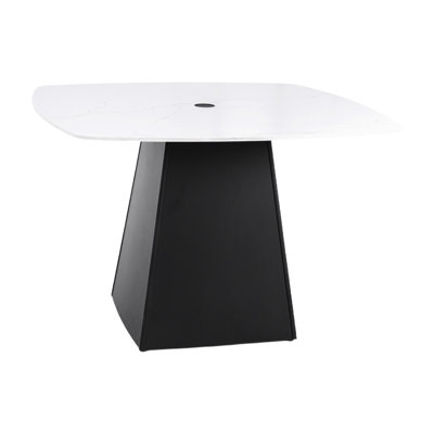 Table carrée 44 po pour l'extérieur, moderne, carrée, marbre fritté grec, base évasée, pouvant accueillir confortablement 4 personnes sur pied, 4 en aluminium