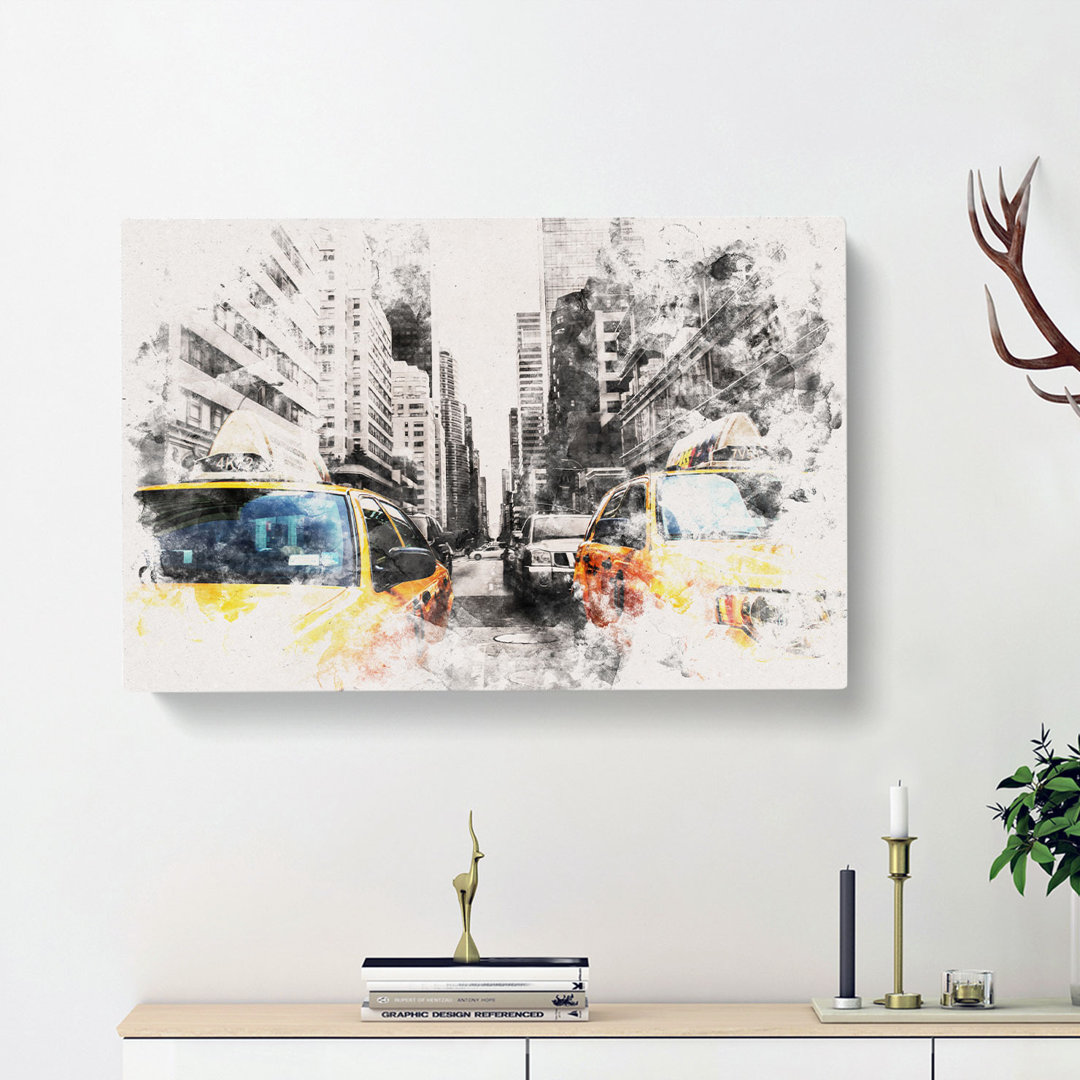 Two Yellow Taxi Cabs in New York - Wrapped Canvas