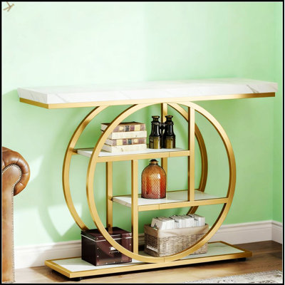 Console de 41,3 pouces en bois étroit avec base circulaire et accents dorés, parfait pour les couloirs et les vestibules