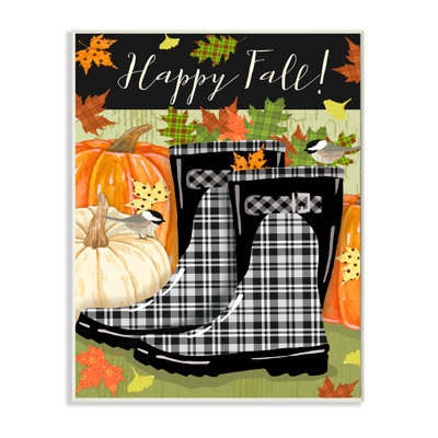 " Happy Fall Phrase Black Rainboots And Pumpkins " by Andrea Tachiera