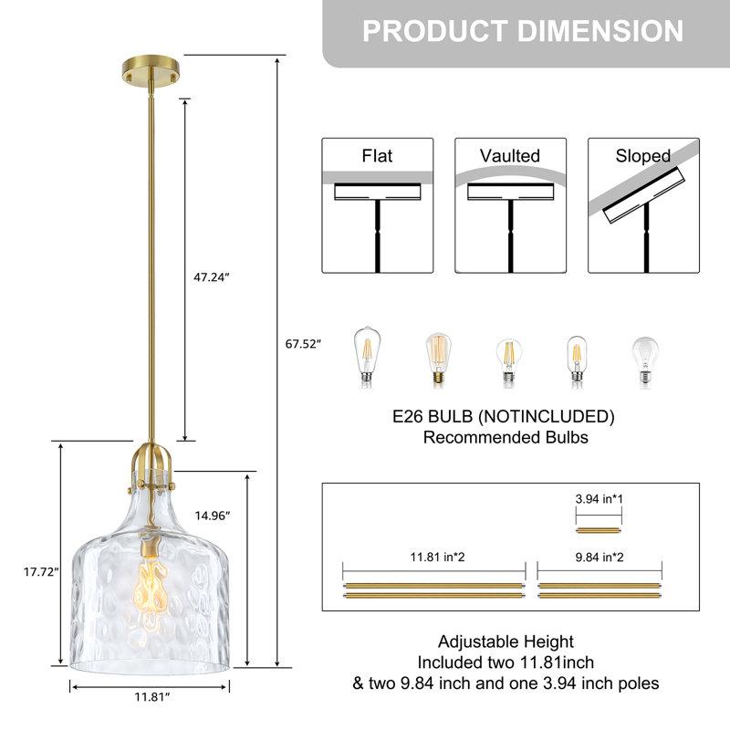 1 - Light Hammered Glass Single Pendant, Gold