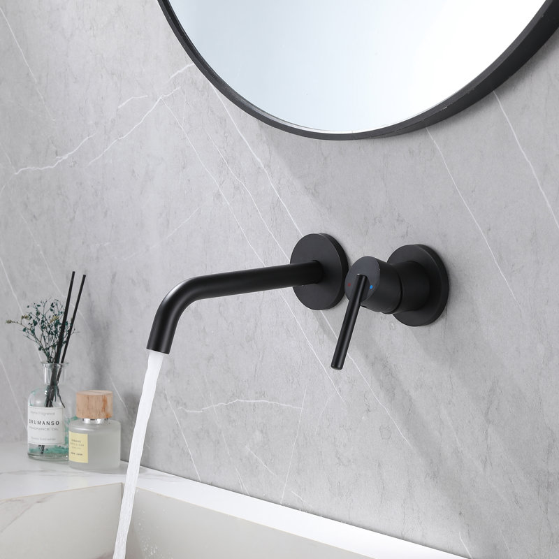 Robinet de lavabo mural en laiton massif avec drain optionnel, Noir mat, Sans bonde