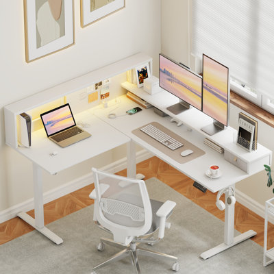 L-shaped Electric Standing Desk Power Outlet & LED Lights,Adjustable Computer Office Desk