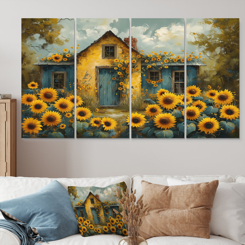 Jaune jaune brun champ de tournesols à la grange - ensemble d'art mural tournesols, H 32 po x l 64 po