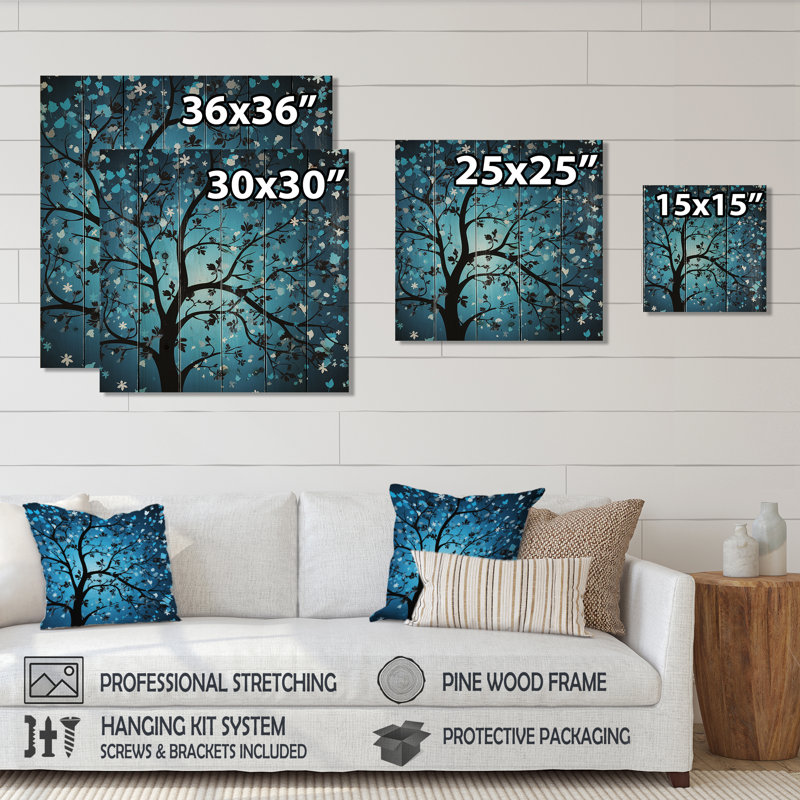 Blue Moonlight Tree Revery I - Tree On Wood Print, 15" H x 15" W