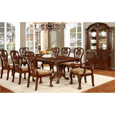 2 Solid Wood Dining Chairs, Classic Design, Cherry Brown, Print Fabric Seat, Intricate Back, & Claw Feet Traditional Chairs Of 2, Wood, Finish, Seat Cushion, Back With