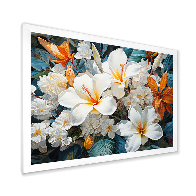 Fleur de plumeria beige et blanche, H 24 po x l 32 po x P 1 po, Cadre simple blanc