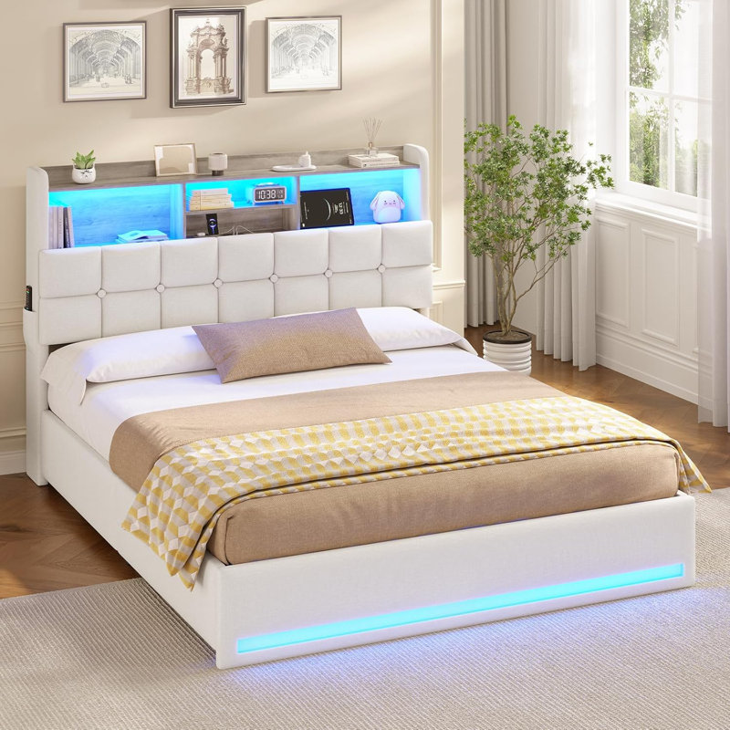 Upholstered Bed with Ottoman Under-bed Storage and Charging Station, Beige, Kingsize (5')