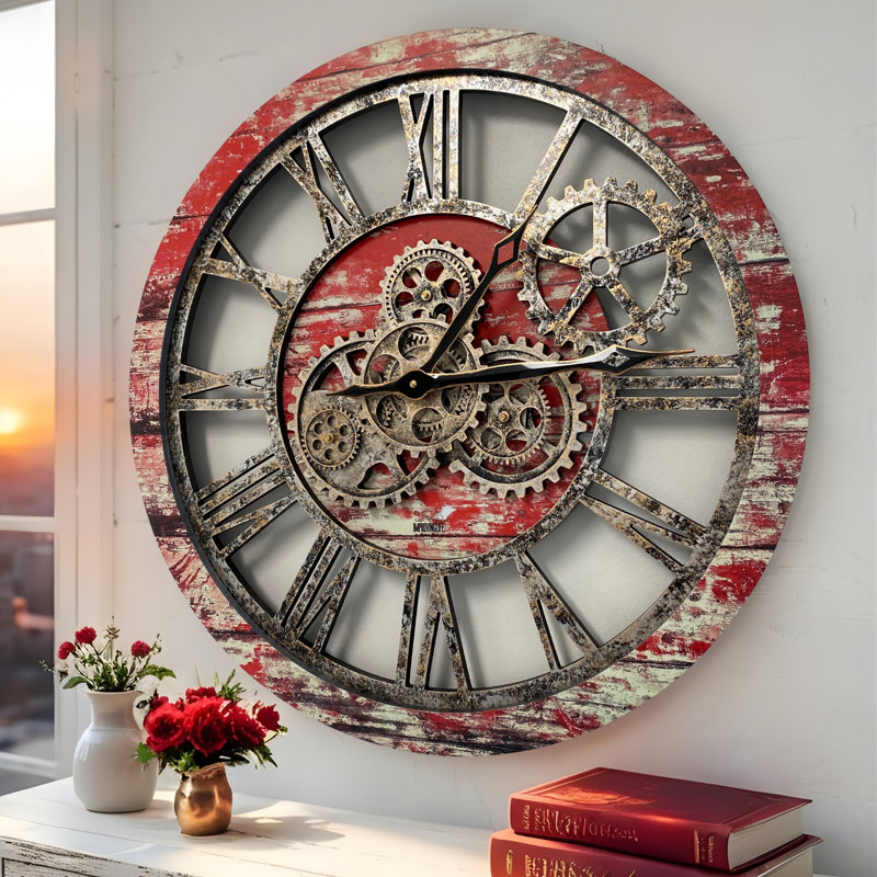 Horloge murale ronde surdimensionnée de 24 po pour le salon avec la collection America, Lave rouge
