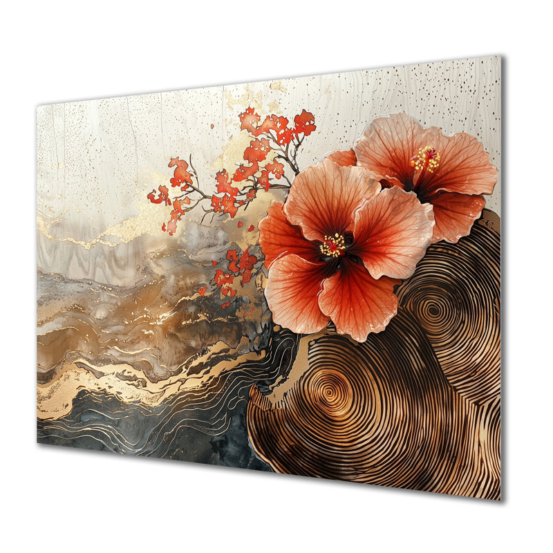 Fleurs d'hibiscus sur un horizon en bois I - Décoration murale en métal hibiscus, H 30 po x l 40 po