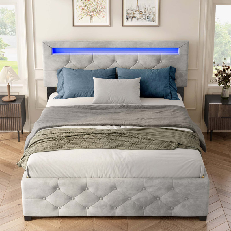 Base de lit tapissier avec rangement à 4 tiroirs et éclairage DEL, Grand