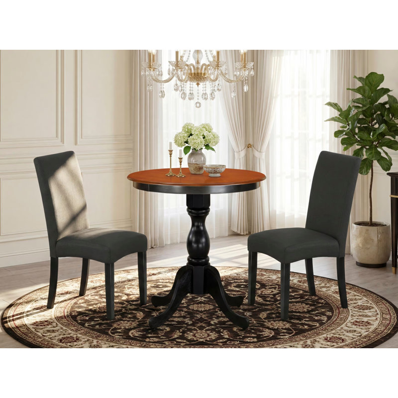 Ensemble de coin repas 3 pièces pour petits espaces comprenant une table de salle à manger ronde avec piédestal et 2 chaises Parsons en tissu de couleur noire, 30 po x 30 po, noir et cerise