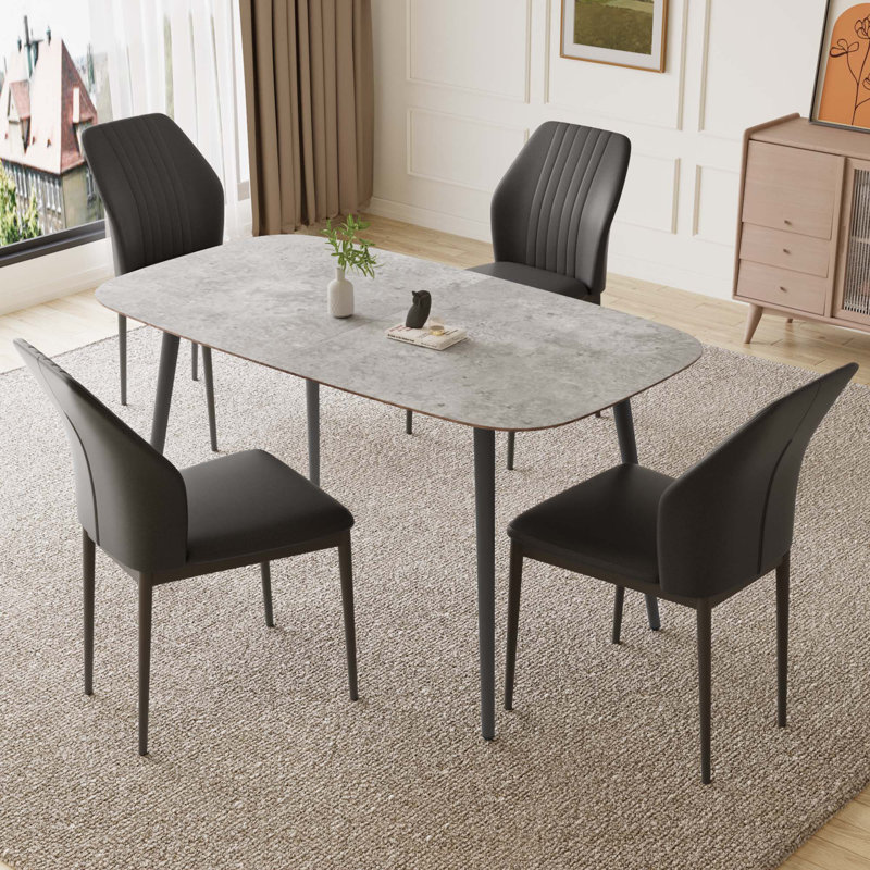 55.1'' Rectangular Dining Table Set, Modern Kitchen Table, Steel Legs (1 Table 4 Chairs), Gray, Black