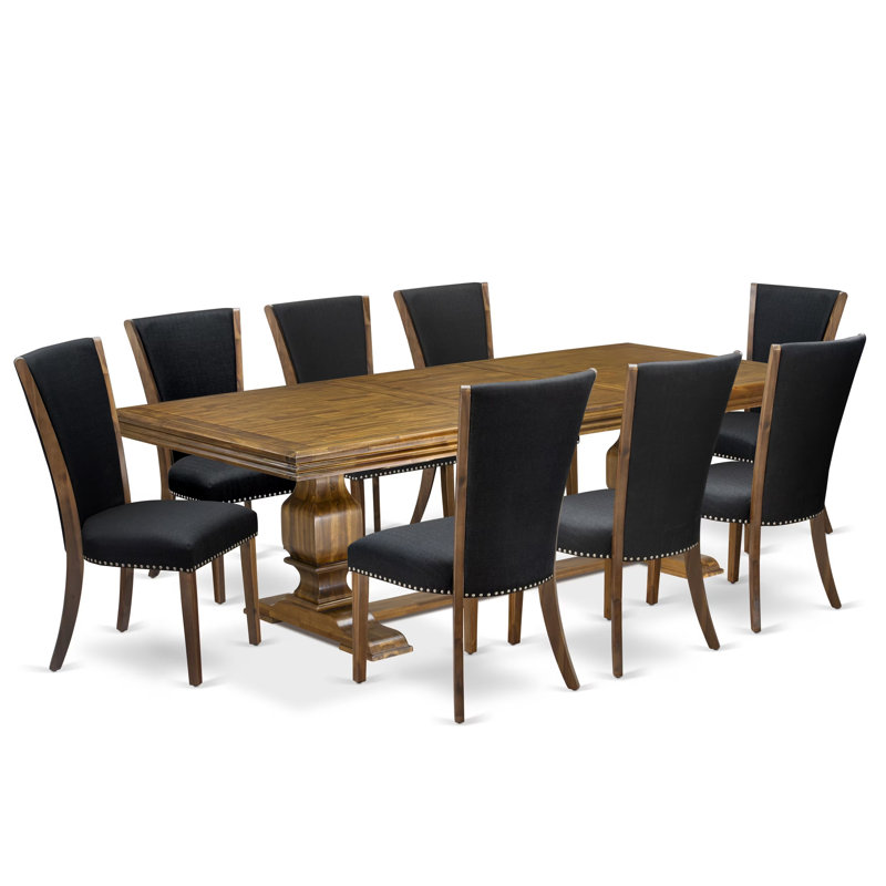 L'ensemble de table de salle à manger 9 pièces comprend une table de cuisine et 8 chaises de salle à manger en tissu de lin noir avec dossier capitonné - Finition noyer antique