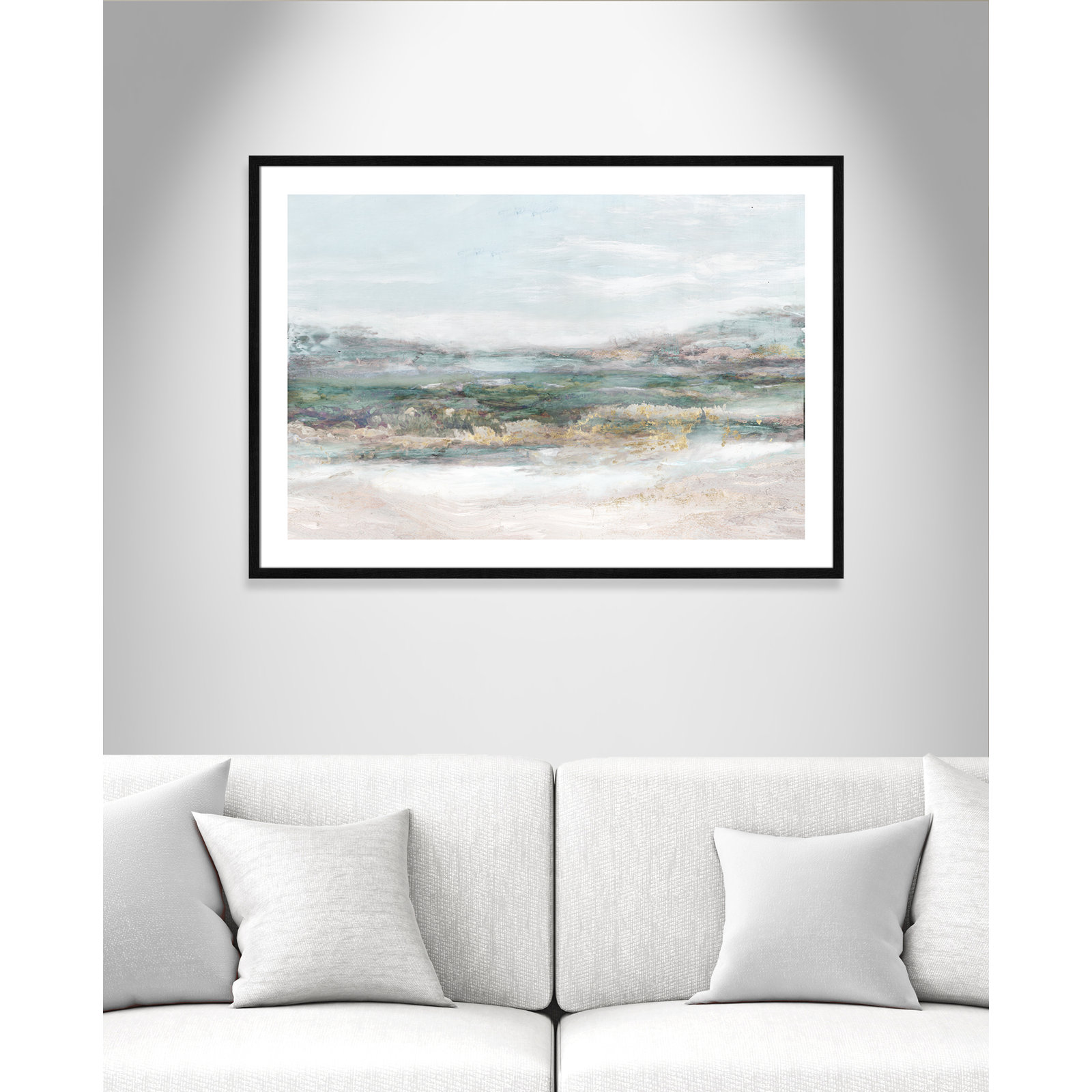 Lori "Dazzling" Painting by Matina Theodosiou, White, 29.5" H x 41.5" W x 0.75" D, Black Wood Grain Framed Paper