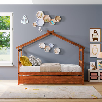 Lit simple en bois avec lit gigogne simple, noyer