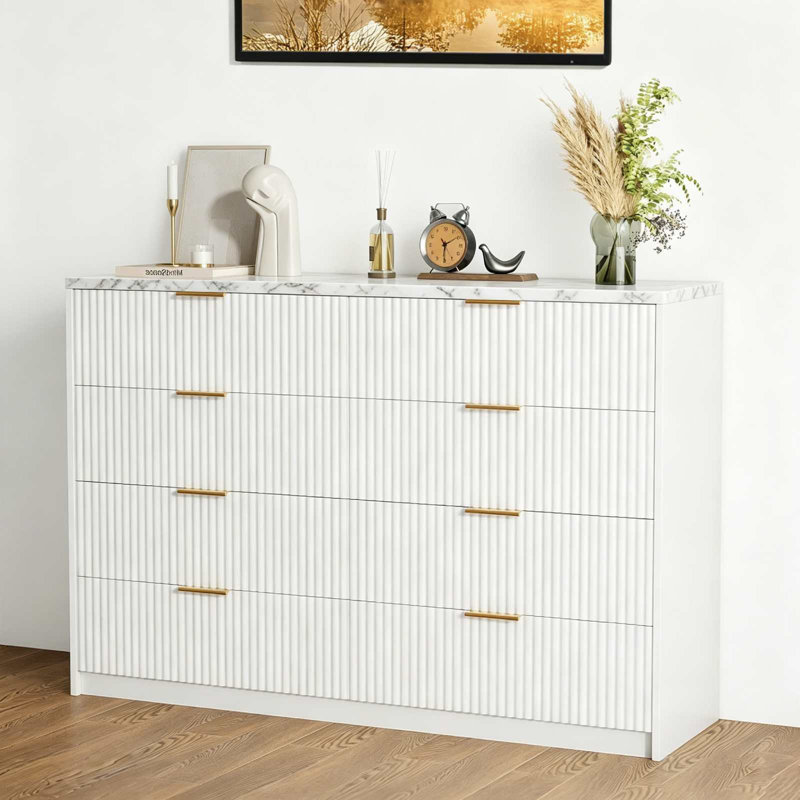 8 Drawer Fluted Dresser with Metal Handles, 55" Wide Modern Wood Chest for Bedroom Living Room Entryway, White+Marble Top