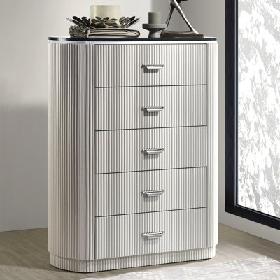 Modern Contemporary Style 1pc Chest Unique Look Chrome Handles Cultured Stone On Top 5-English Dovetail Drawers Vertical Receded Silver Line Light Gray Finish Bedroom Furniture