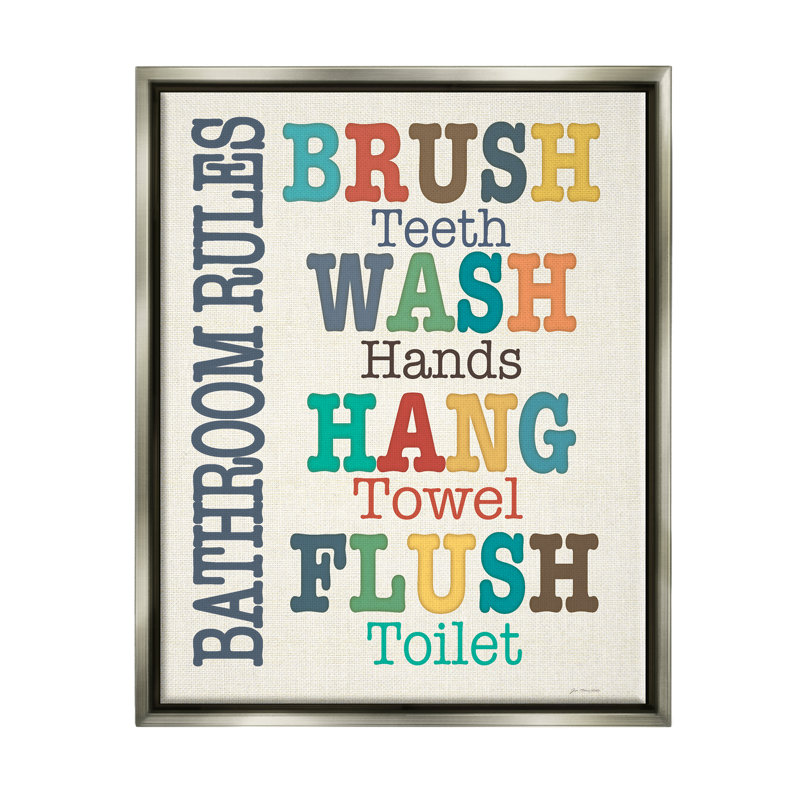 "Colorful Bathroom Rules List", art mural par Jo Moulton, L 17 po x H 21 po, Cadre flottant gris lustré