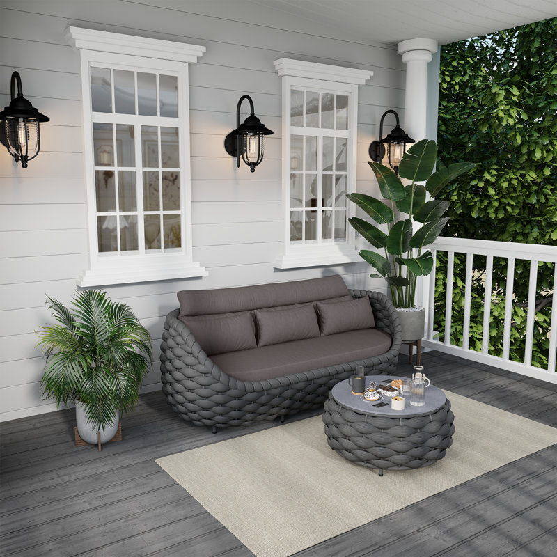 Canapé de patio extérieur en aluminium et corde en polyester pour 3 personnes avec coussins et table basse, Gris foncé