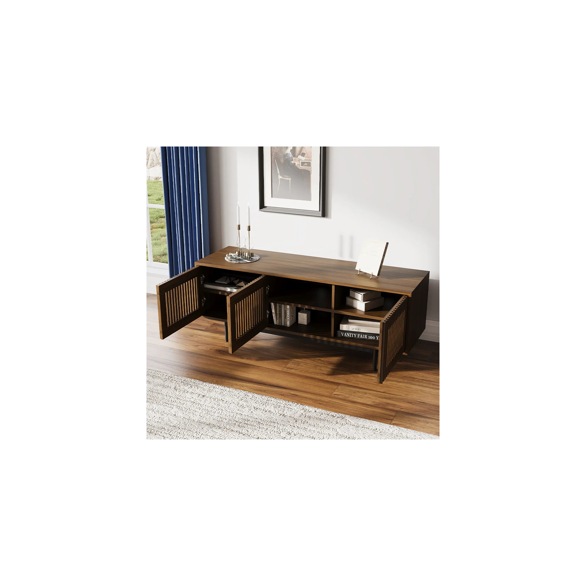 Mid-Century Modern TV Stand, Walnut, 21.26" H x 59" W x 18.89" D