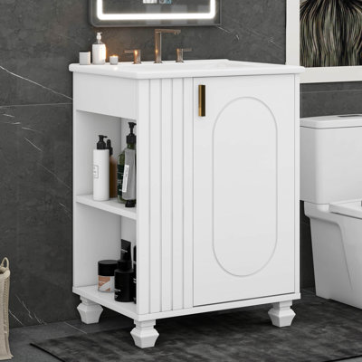 Meuble-lavabo 24 po avec lavabo en céramique, armoire de rangement multifonctionnelle avec porte et support latéral