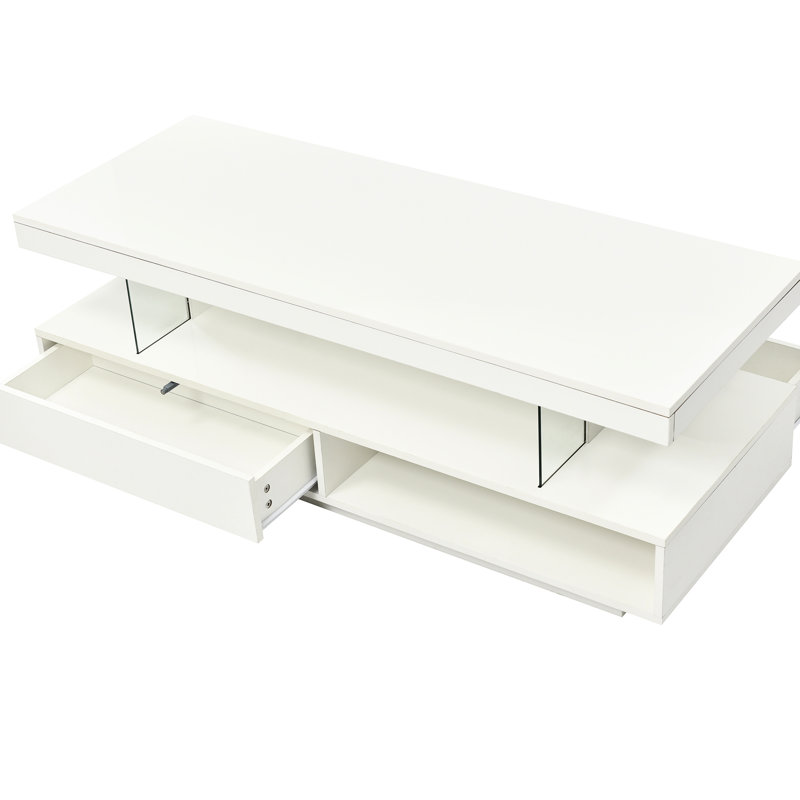 Table basse à DEL avec rangement en blanc: décor de salon. 16 choix de couleurs, luminosité personnalisable. Rangement spacieux. Conception. Table blanche à installation simple: 2 tiroirs, tablettes de présentation, couleurs