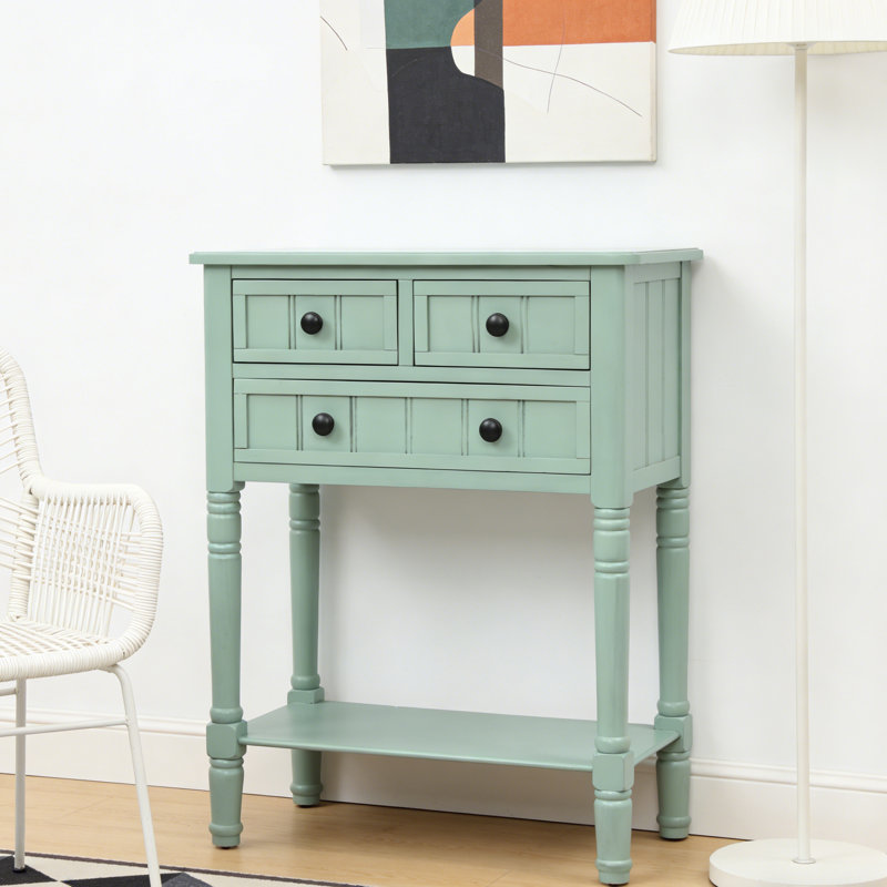 Table basse étroite avec 3 tiroirs - Console de salon avec rangement, Bleu rétro, H 31,1 po x l 23,7 po x P 13 po