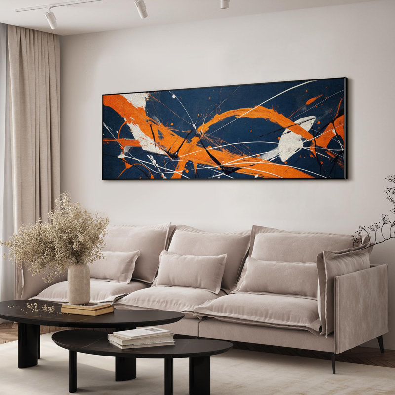 Impressionnisme abstrait moderne orange et bleu, grand salon, reproduction d'art encadrée (assemblage requis)