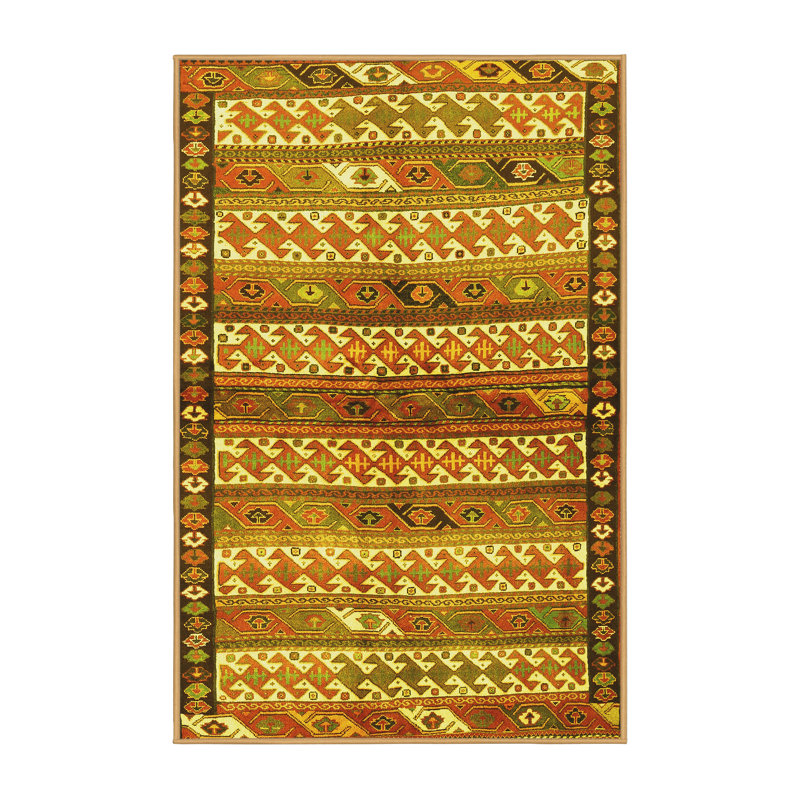 Tapis en laine / polyester tissé à la machine Southwestern en vert / beige / jaune, Rectangle 2 pi x 3 pi
